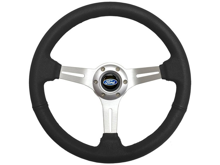 S6 Sport Steering Wheel Kit for 1968-1973 Ford/Mercury, 14 in. Diameter, Black Leather Grip, with 6-Bolt Adapter and Horn Button