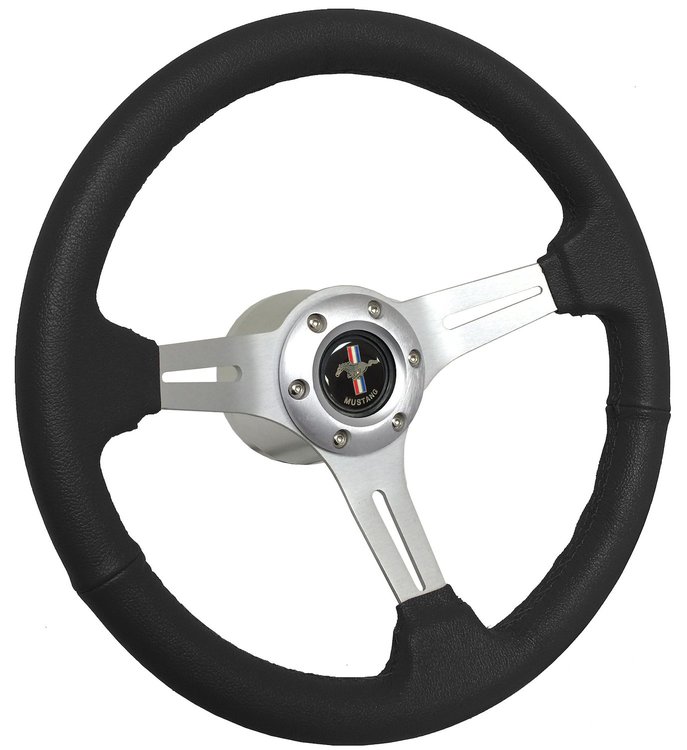 S6 Sport Steering Wheel Kit for 1984-2004 Ford Mustang, 14 in. Diameter, Black Leather Grip, with 6-Bolt Adapter and Horn Button