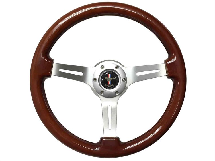 S6 Sport Steering Wheel Kit for 1979-1982 Ford Mustang, 14 in. Diameter, Mahogany Wood Grip, with 6-Bolt Adapter and Horn Button