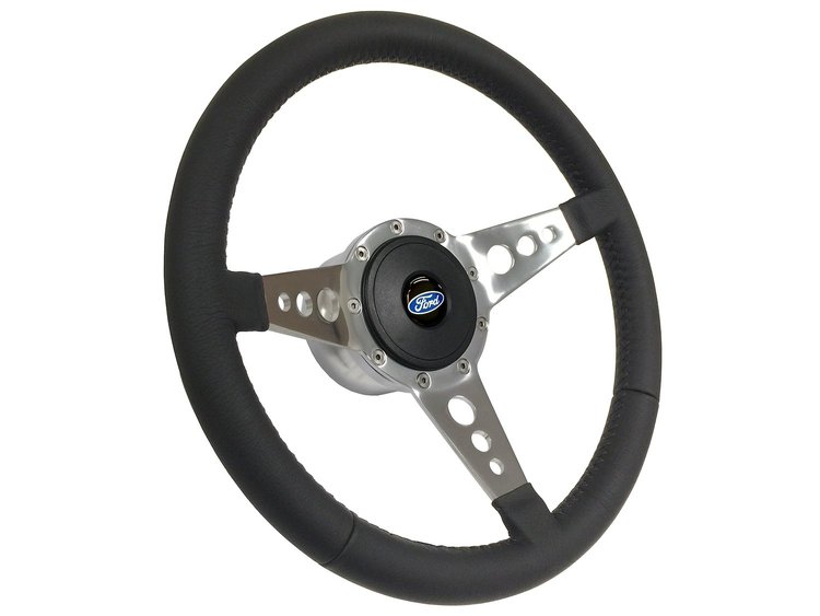 S9 Sport Steering Wheel Kit 1964-1972 Ford/Mercury, 14 in. Diameter, Premium Black Leather Grip, w/ 9-Bolt Adapter & Horn Button