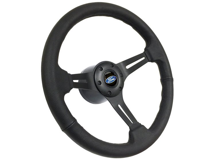 S6 Sport Steering Wheel Kit for 1964-1972 Ford/Mercury, 14 in. Diameter, Black Leather Grip, with 6-Bolt Adapter and Horn Button