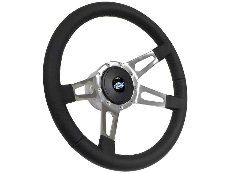 S9 Sport Steering Wheel Kit 1964-1972 Ford/Mercury, 14 in. Diameter, Premium Black Leather Grip, w/ 9-Bolt Adapter & Horn Button