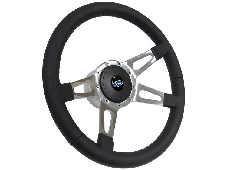 S9 Sport Steering Wheel Kit 1968-1991 Ford/Mercury, 14 in. Diameter, Premium Black Leather Grip, w/ 9-Bolt Adapter & Horn Button