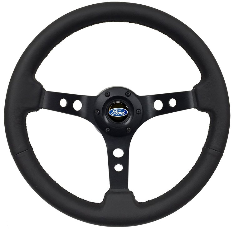 S6 Sport Steering Wheel Kit for 1968-1973 Ford/Mercury, 14 in. Diameter, Black Leather Grip, with 6-Bolt Adapter and Horn Button
