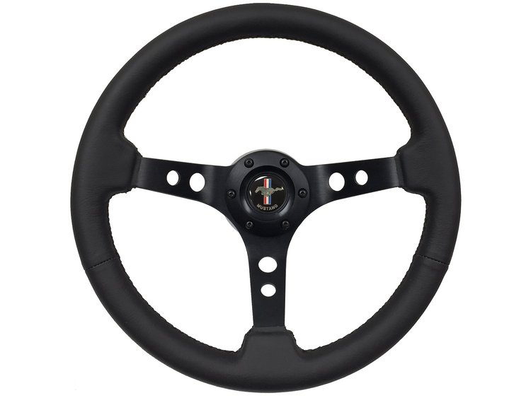 S6 Sport Steering Wheel Kit for 1979-1982 Ford Mustang, 14 in. Diameter, Black Leather Grip, with 6-Bolt Adapter and Horn Button