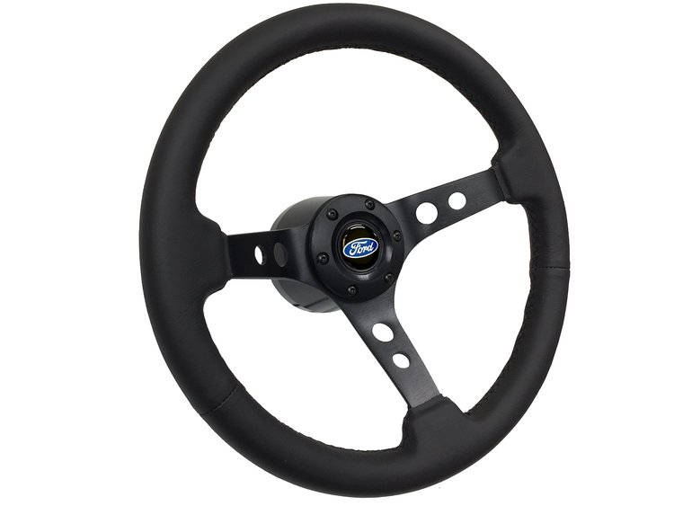 S6 Sport Steering Wheel Kit for 1964-1972 Ford/Mercury, 14 in. Diameter, Black Leather Grip, with 6-Bolt Adapter and Horn Button