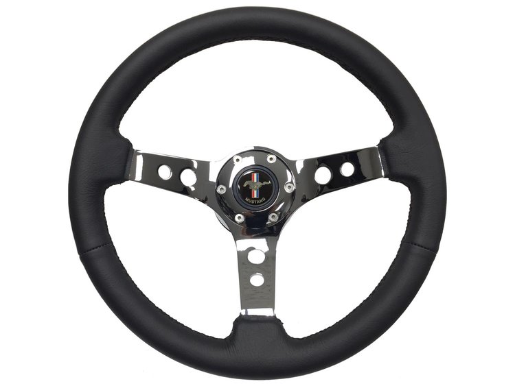S6 Sport Steering Wheel Kit for 1984-2004 Ford Mustang, 14 in. Diameter, Black Leather Grip, with 6-Bolt Adapter and Horn Button