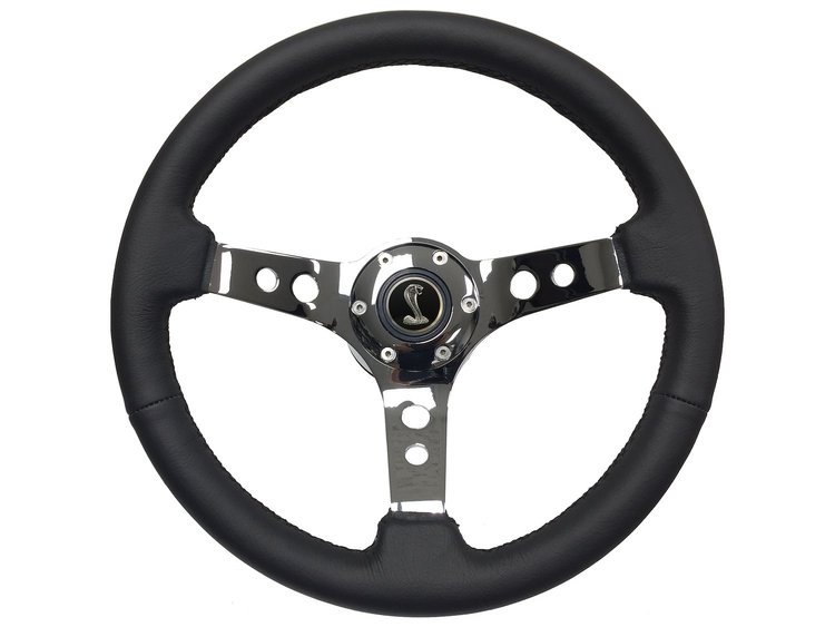 S6 Sport Steering Wheel Kit for 1984-2004 Ford Mustang, 14 in. Diameter, Black Leather Grip, with 6-Bolt Adapter and Horn Button