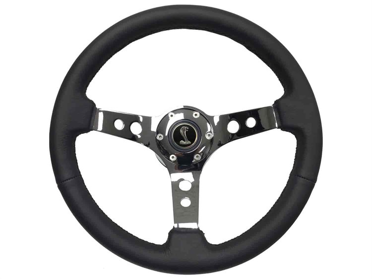 S6 Sport Steering Wheel Kit for 1979-1982 Ford Mustang, 14 in. Diameter, Black Leather Grip, with 6-Bolt Adapter and Horn Button