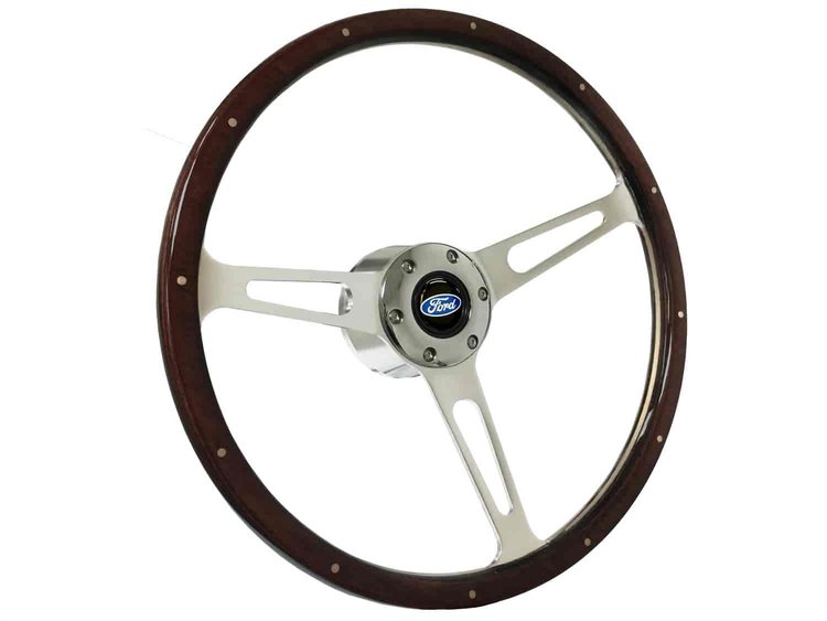 S6 Classic Steering Wheel Kit 1968-91 Ford/Mercury, 15 in. Diameter, Deluxe Espresso Wood Grip, w/ 6-Bolt Adapter & Horn Button