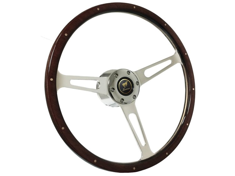 S6 Classic Steering Wheel Kit 1968-91 Ford/Mercury, 15 in. Diameter, Deluxe Espresso Wood Grip, w/ 6-Bolt Adapter & Horn Button