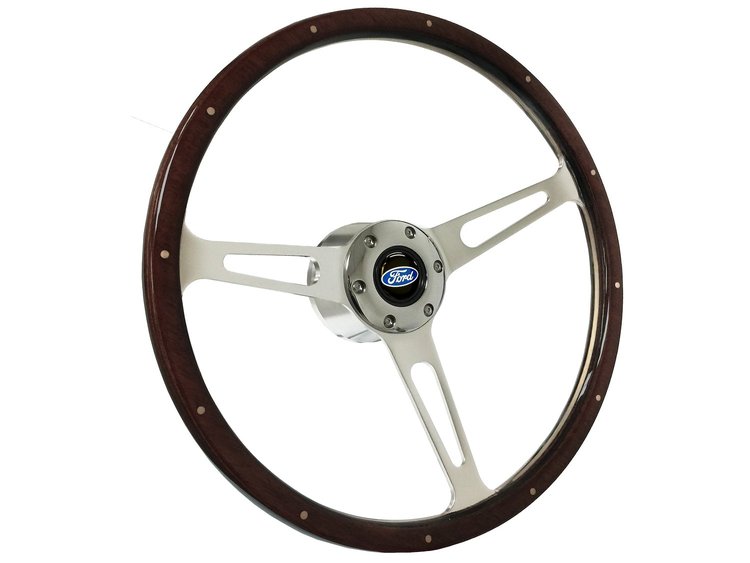 S6 Classic Steering Wheel Kit 1964-72 Ford/Mercury, 15 in. Diameter, Deluxe Espresso Wood Grip, w/ 6-Bolt Adapter & Horn Button