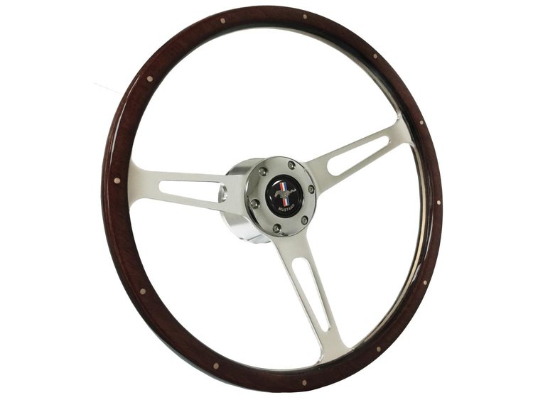 S6 Classic Steering Wheel Kit 1964-72 Ford/Mercury, 15 in. Diameter, Deluxe Espresso Wood Grip, w/ 6-Bolt Adapter & Horn Button