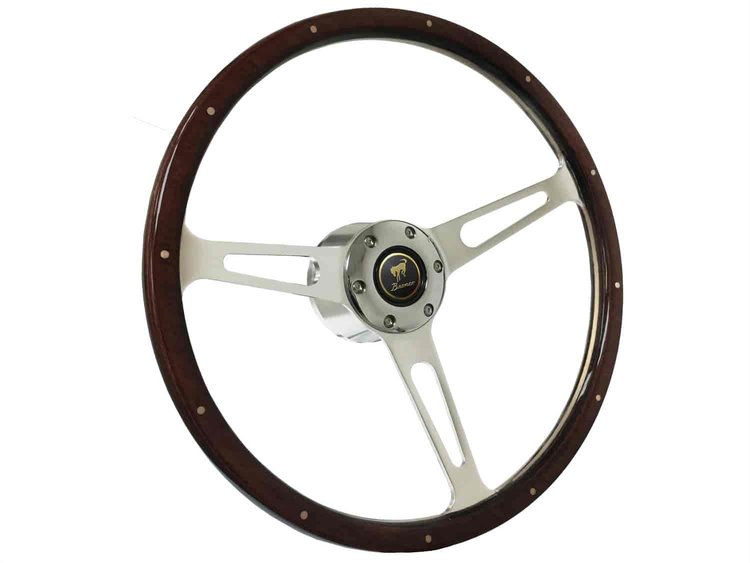 S6 Classic Steering Wheel Kit 1964-72 Ford/Mercury, 15 in. Diameter, Deluxe Espresso Wood Grip, w/ 6-Bolt Adapter & Horn Button