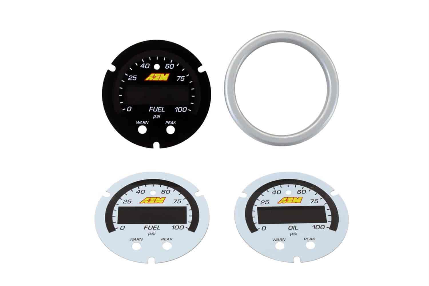 X-Series Oil/Fuel Pressure Gauge Accessory Kit Includes Silver Bezel And Black Fuel Faceplate, White Oil And Fuel Faceplates.