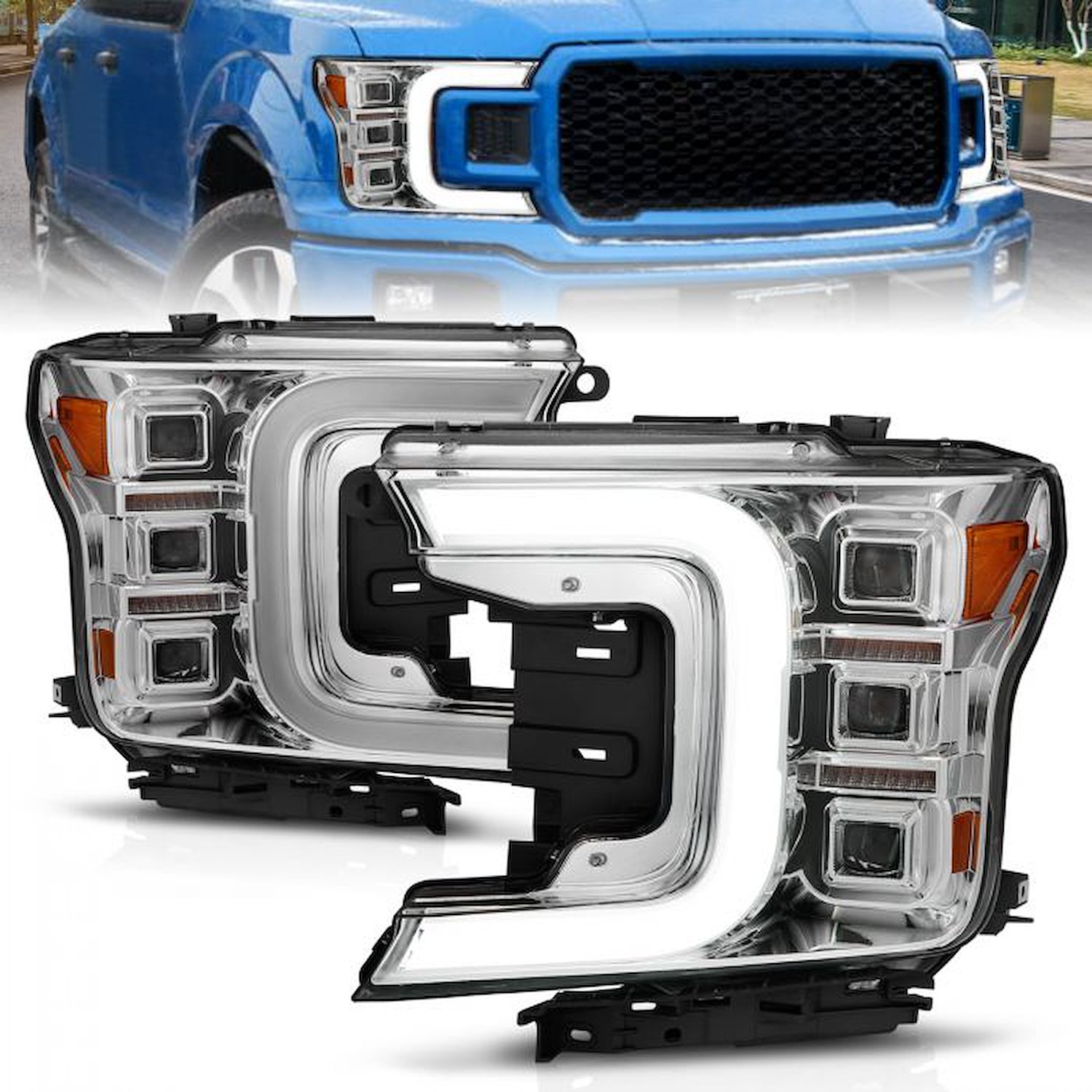 LED Projector Chrome Housing Headlights 2018-2020 Ford F-150 with Factory Halogen Headlights [Smoke Bar Sequential Turn Signal]