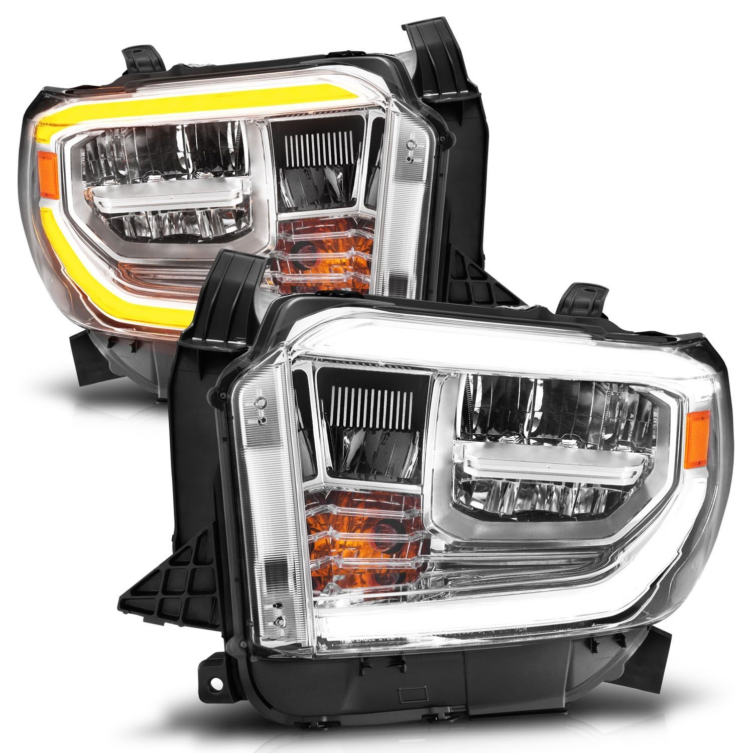 LED Chrome Housing Headlights For 2014-2017 Toyota Tundra with Factory Halogen DRL [Switchback Turn Signal]