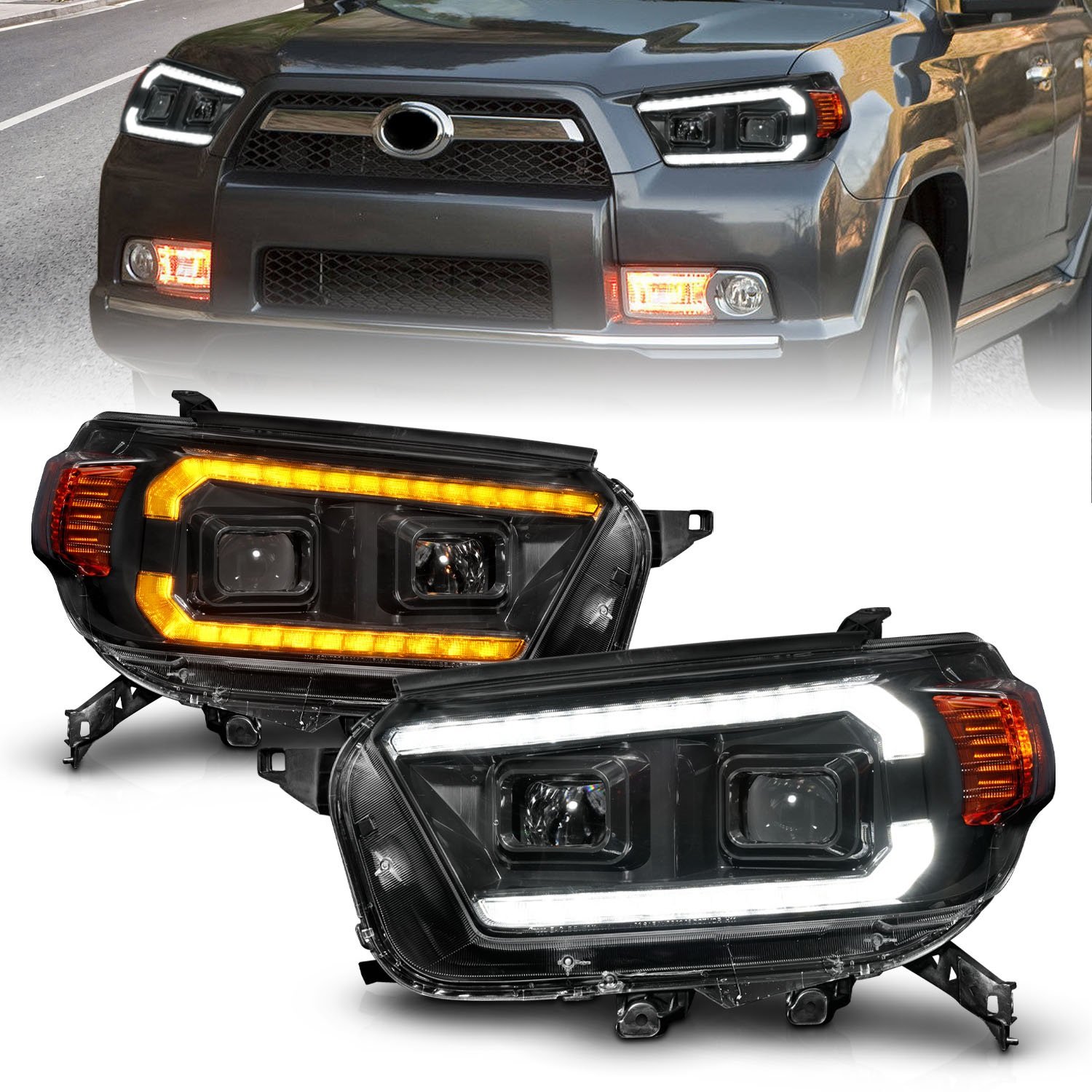111602 Projector Plank Style Headlights w/Sequential Turn Signals and DRLs for 2010-2013 Toyota 4Runner [Black Housings]
