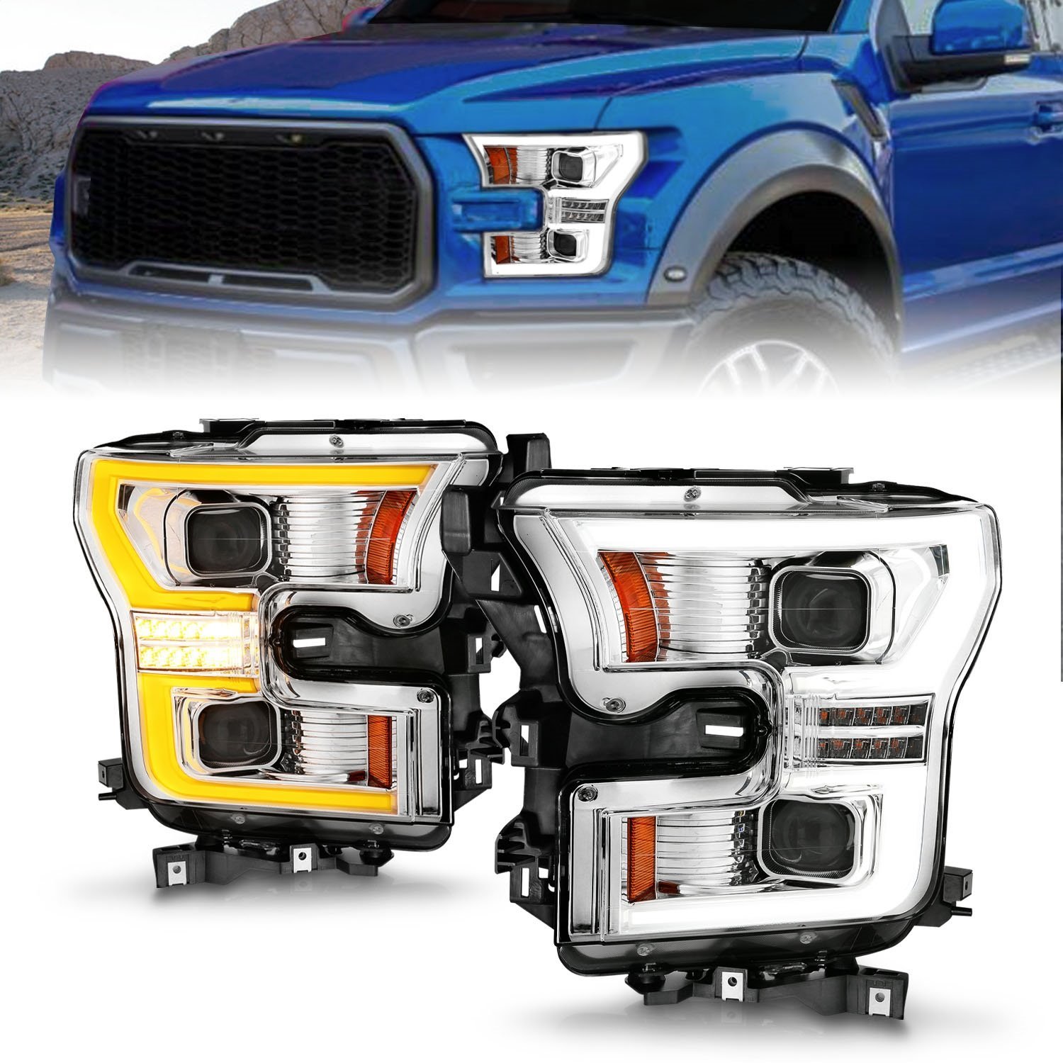 111605 LED Projector Chrome Housing Headlights Fits 2015-2017 Ford F-150 Models