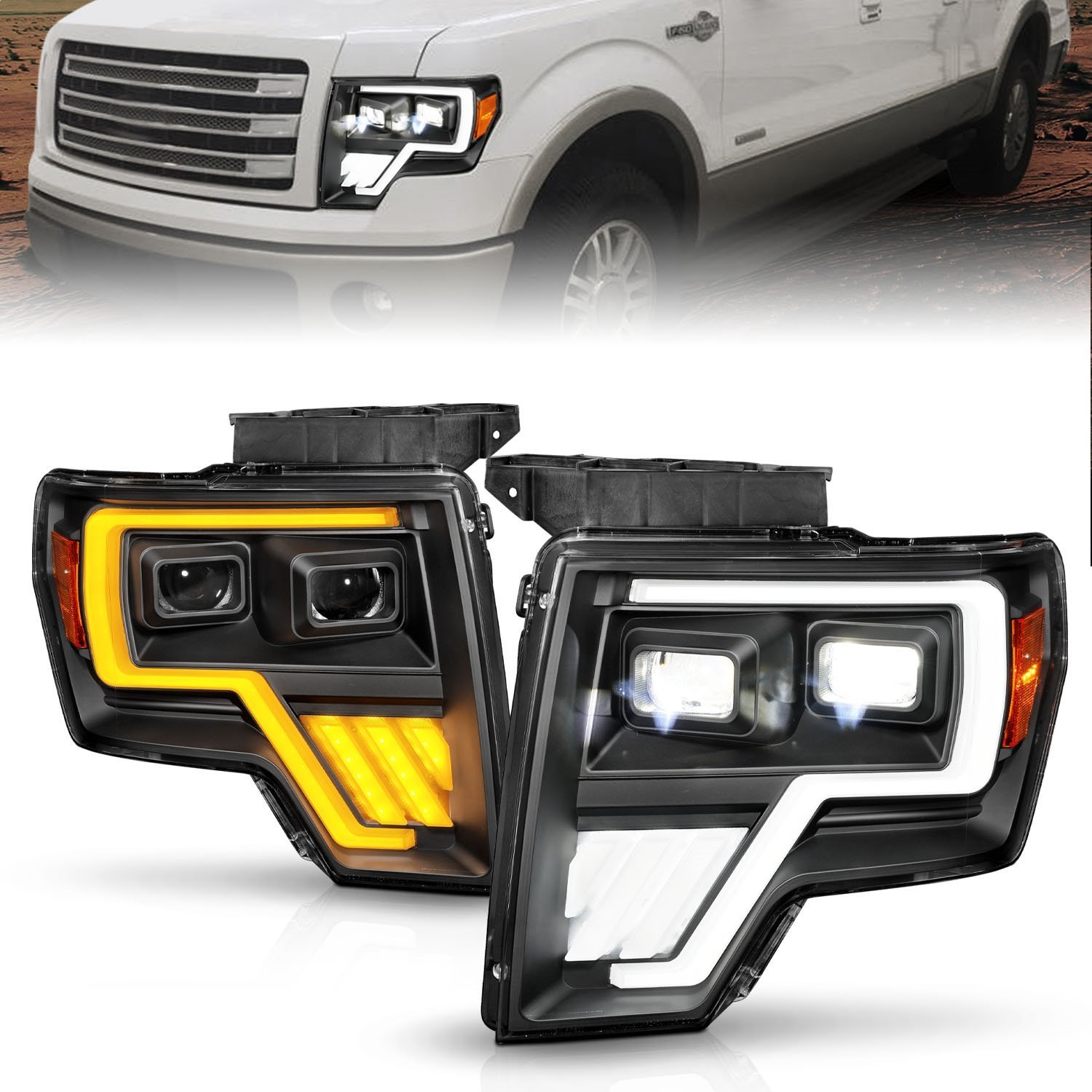 111606 Projector Plank Style Headlights w/Initiation and Sequential Turn Signals for 2009-2014 Ford F150 [Black Housings]