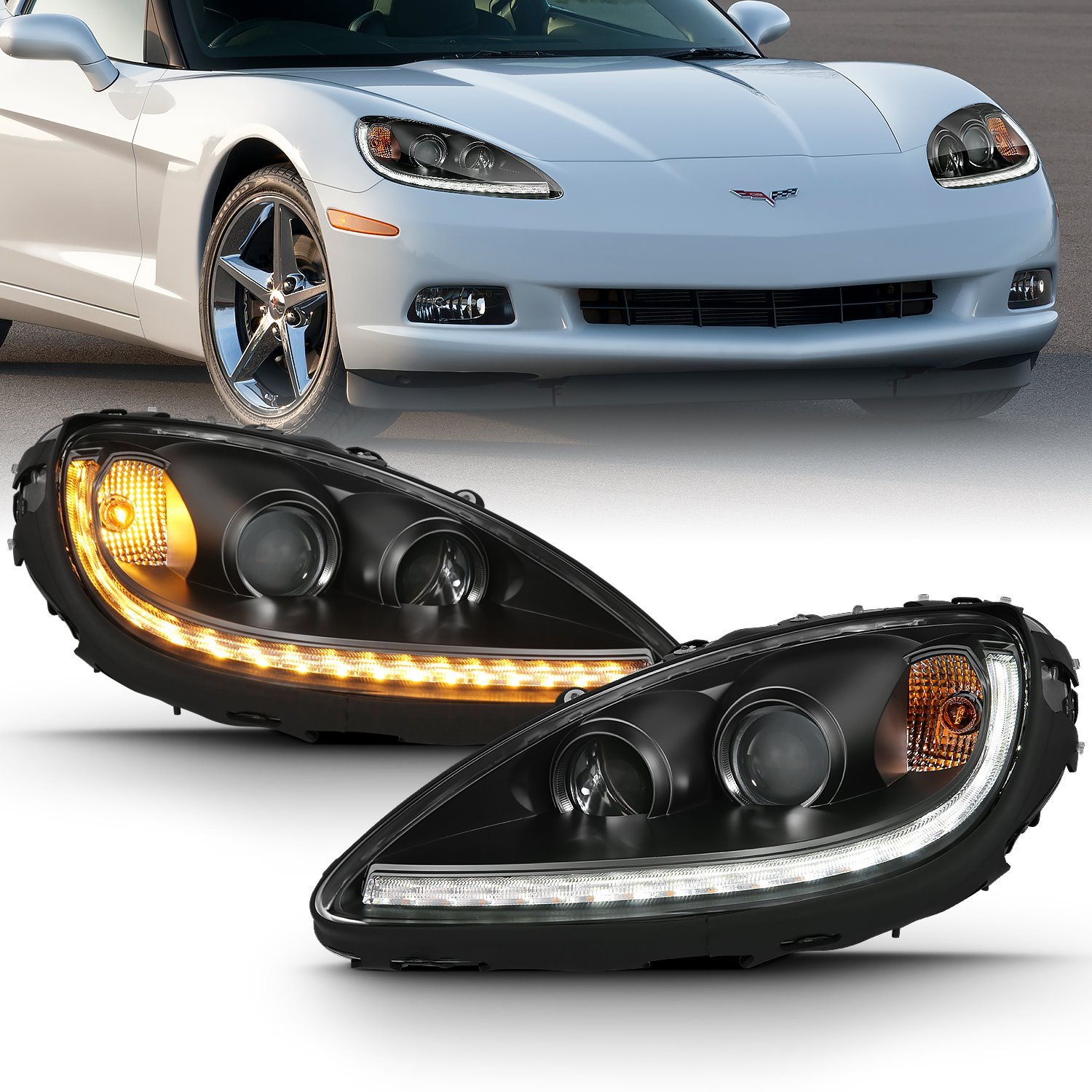 Black Housing Headlights 2005-2013 Chevy Corvette C6, Switchback Projector