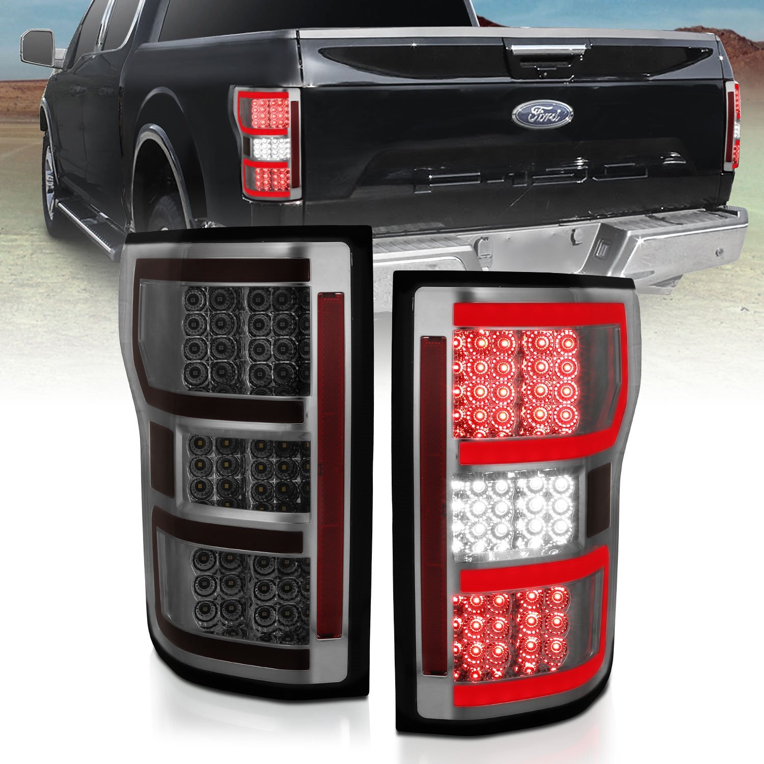 321339 Chrome Housing LED Tail Lights for 2018-2020 Ford F-150 [Red Light Bar, Smoke Lens]