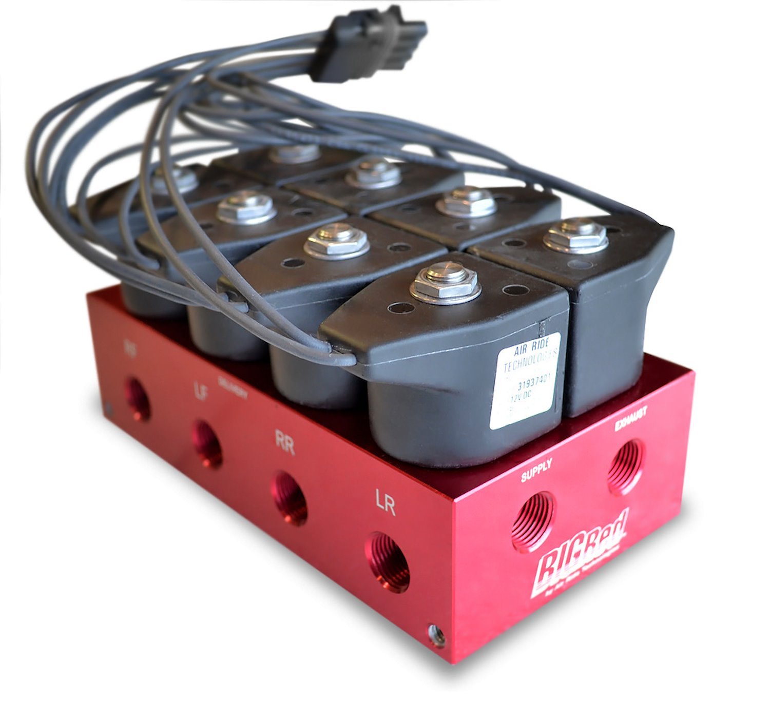 Air Valve Block. Big Red 4-Way with 3/8 NPT Ports. Includes O-Rings and Mounting Brackets. Fittings Sold Separately.