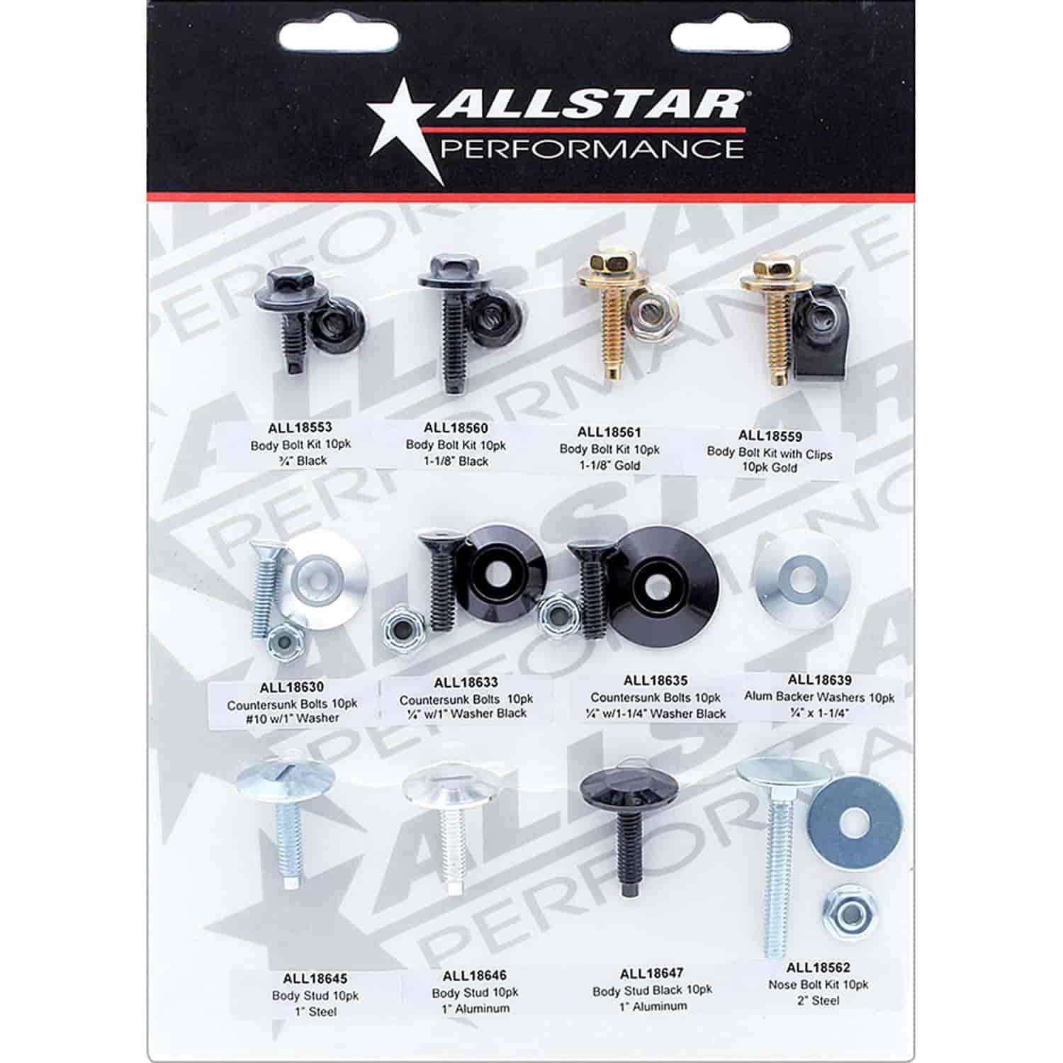 Body Bolt Merchandising Display 8" x 10" Card Including Assortment of Body Bolts