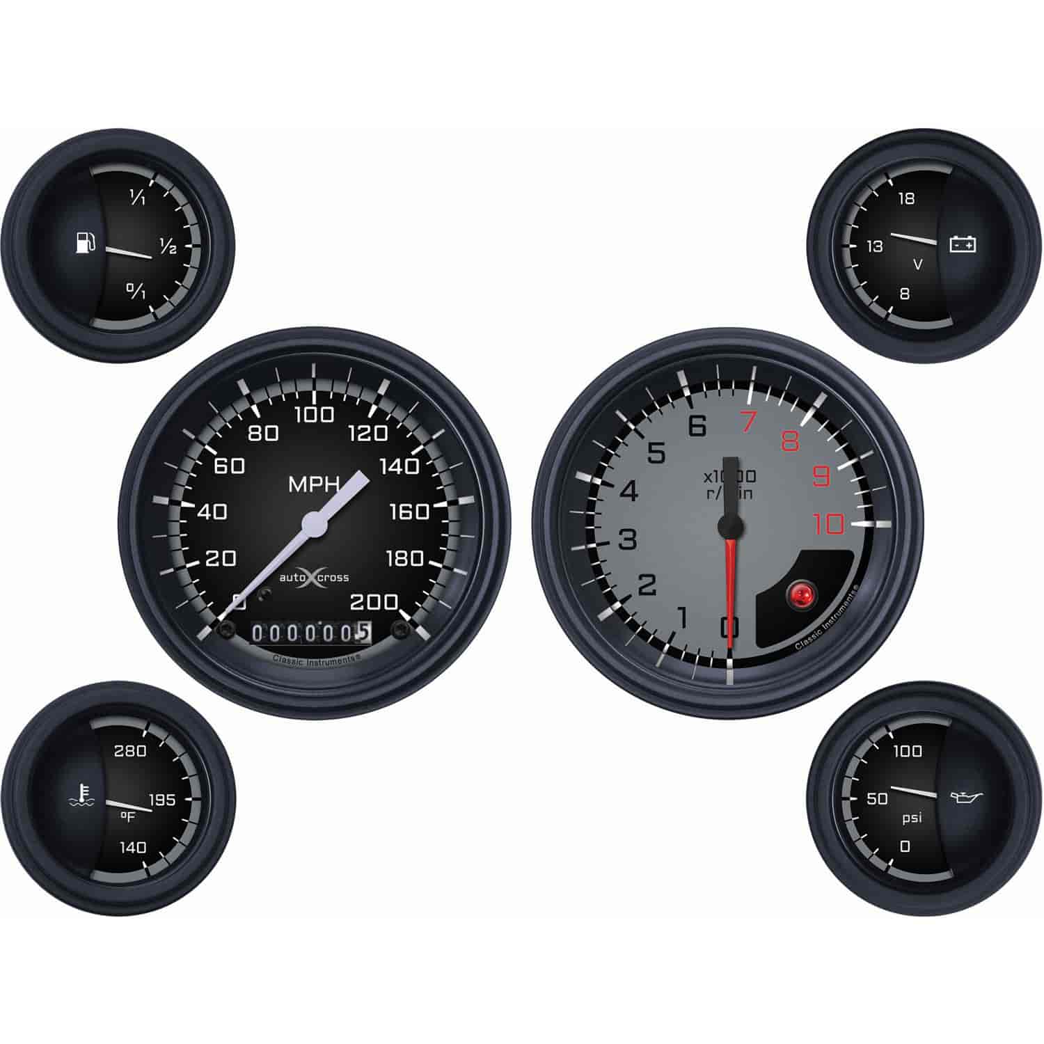 Gray AutoCross Series 6-Gauge Set 3-3/8" Elec Speedometer (200 mph)