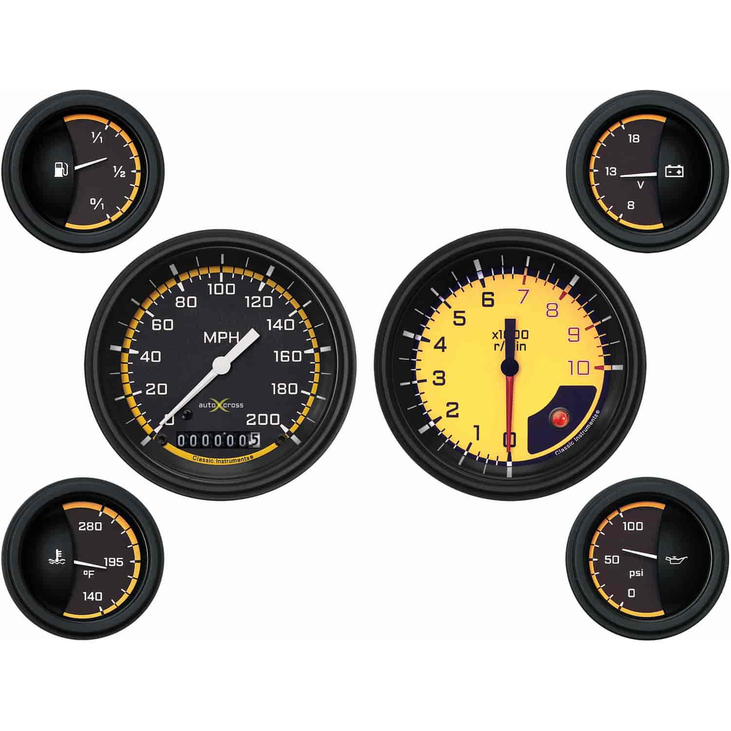 Yellow AutoCross Series 6-Gauge Set 3-3/8" Elec Speedometer (200 mph)