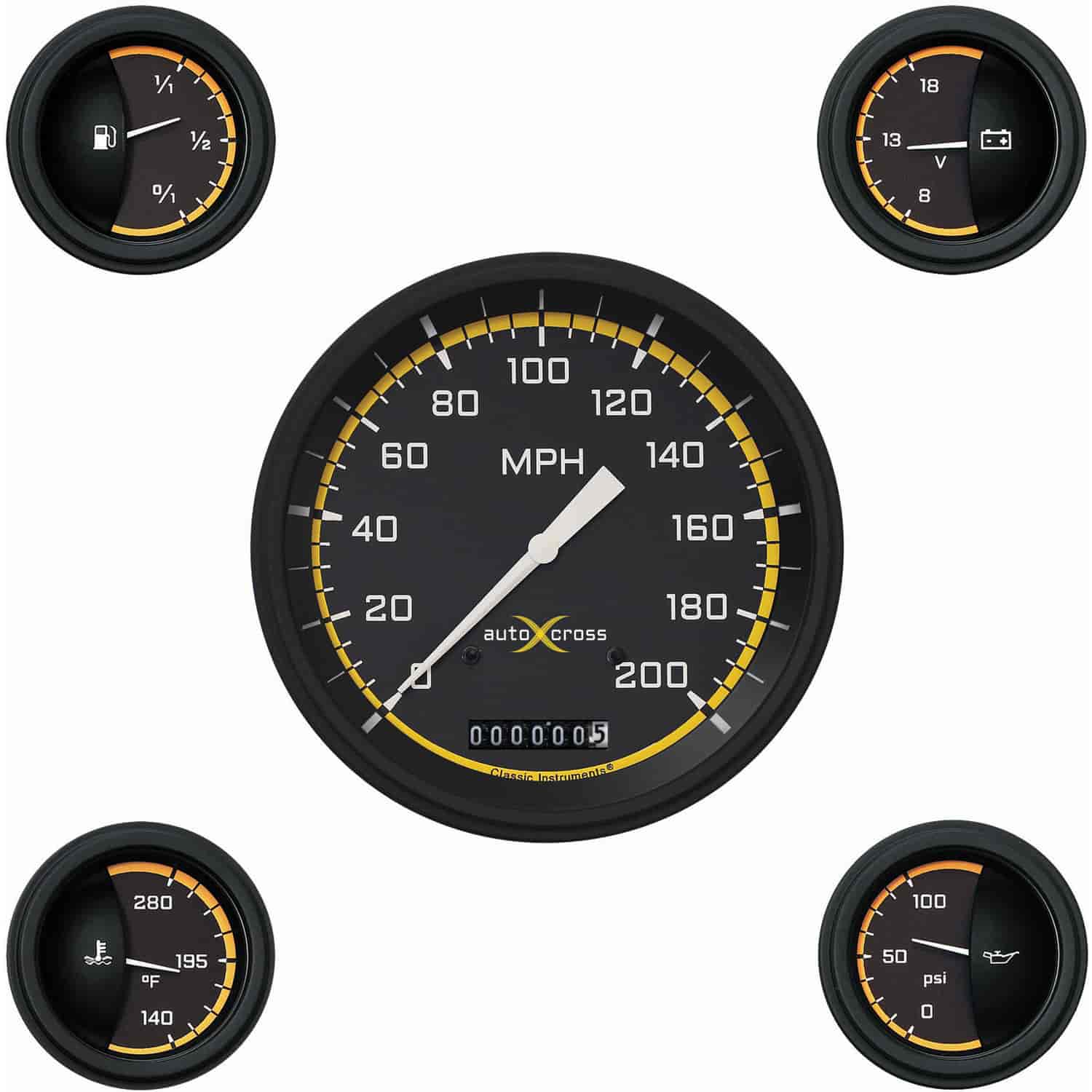 Yellow AutoCross Series 5-Gauge Set 4-5/8" Electrical Speedometer (200 mph)