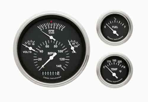 1957 Chevy Black Gauge Package Includes: 4-5/8" Quad Gauge (Speedometer 140 mph, Tachometer 8000 RPM, Oil Pressure & Voltmeter)