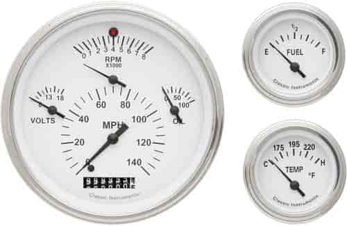 1957 Chevy White Gauge Package Includes: 4-5/8" Quad Gauge (Speedometer 140 mph, Tachometer 8000 RPM, Oil Pressure & Voltmeter)