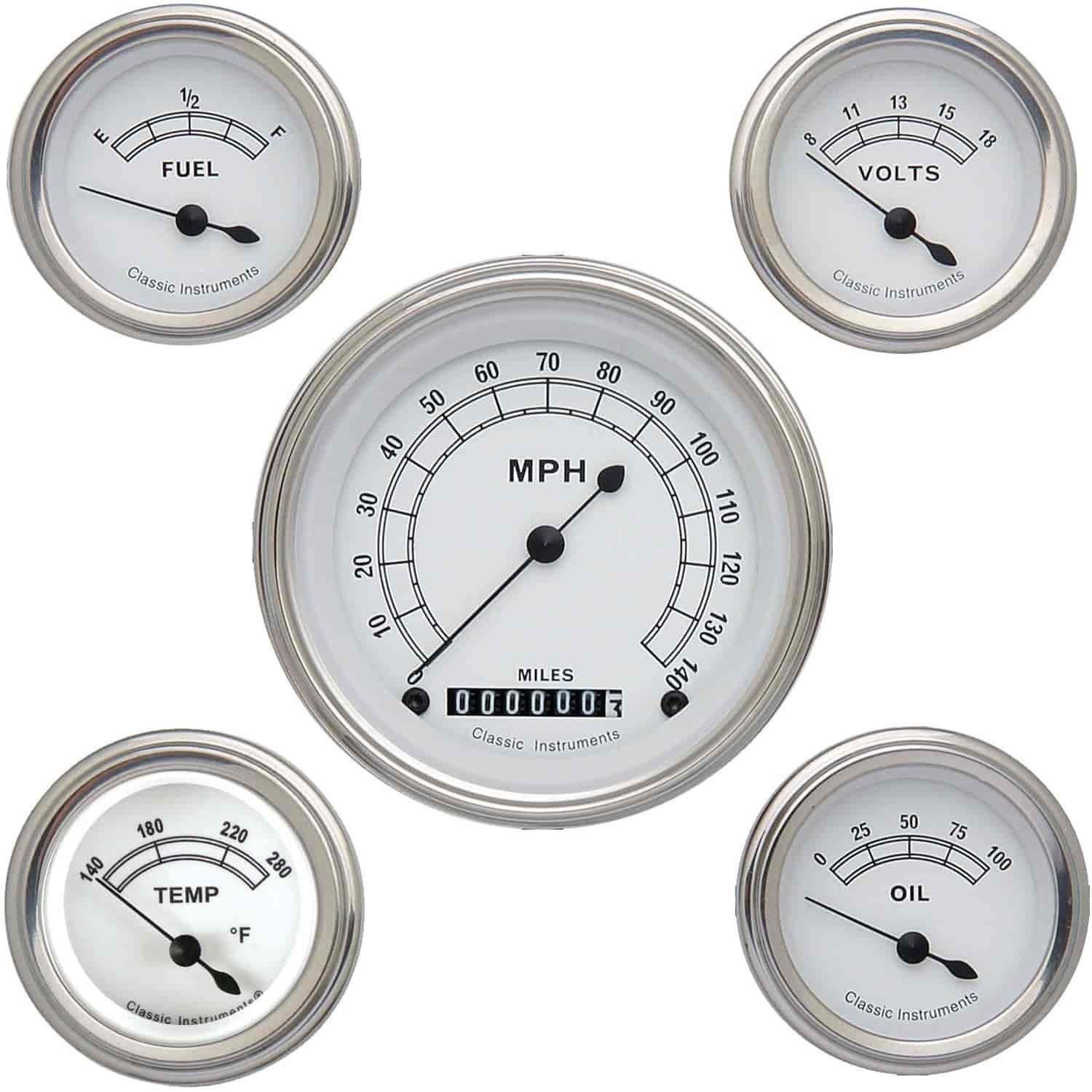 Classic White Series 5-Gauge Set 3-3/8" Electrical Speedometer (140 mph)