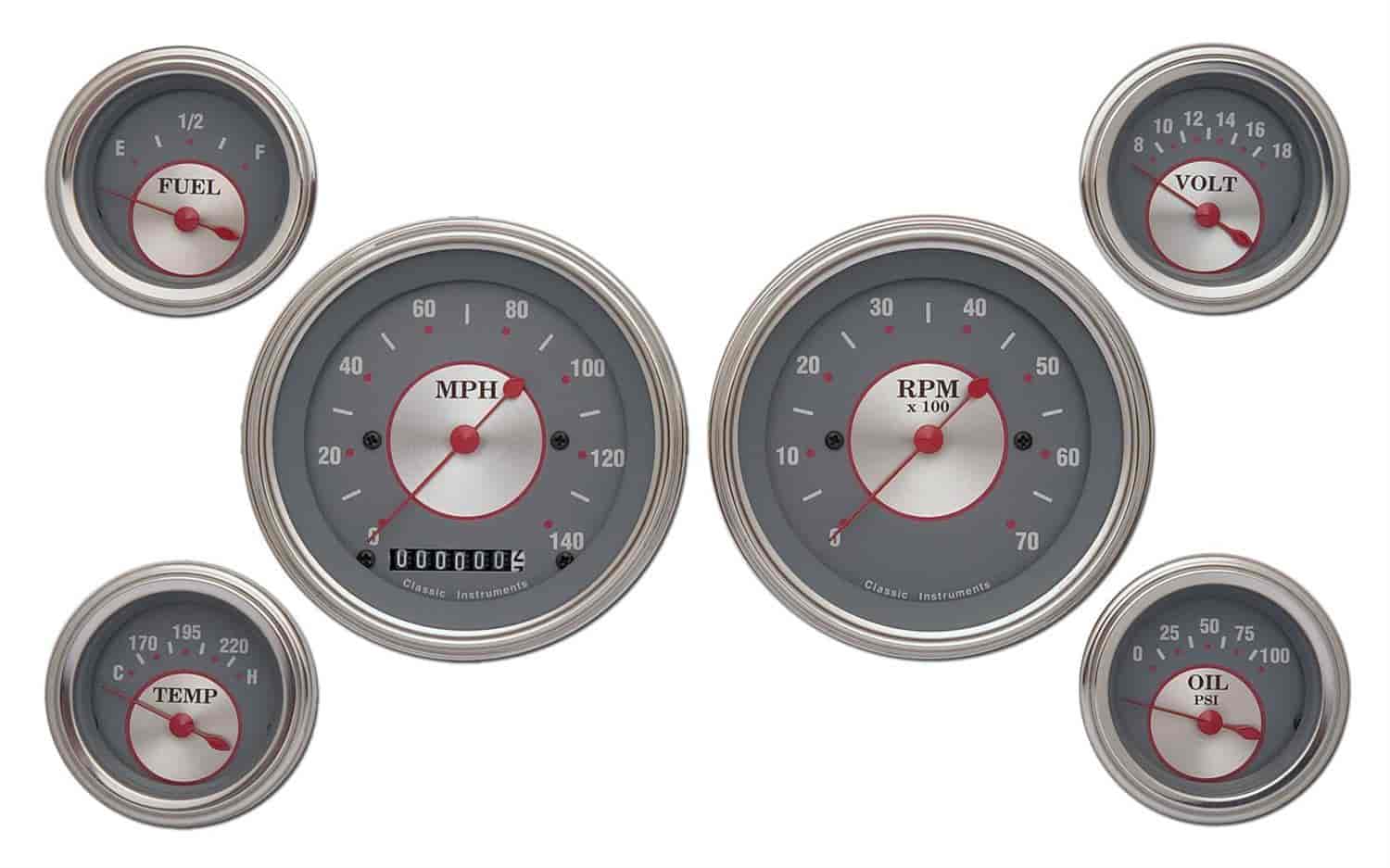 Silver Series 6-Gauge Set 3-3/8" Elec Speedometer (140 mph)