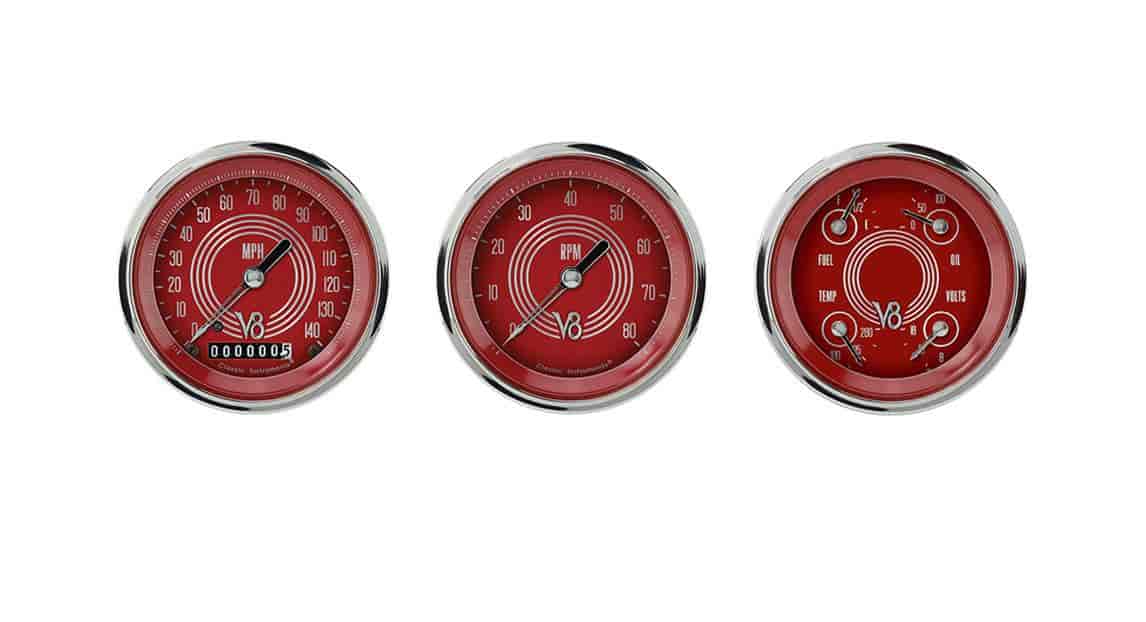 V8 Red Steelie Series 3-Gauge Set 3-3/8" Electrical Speedometer (140 mph)
