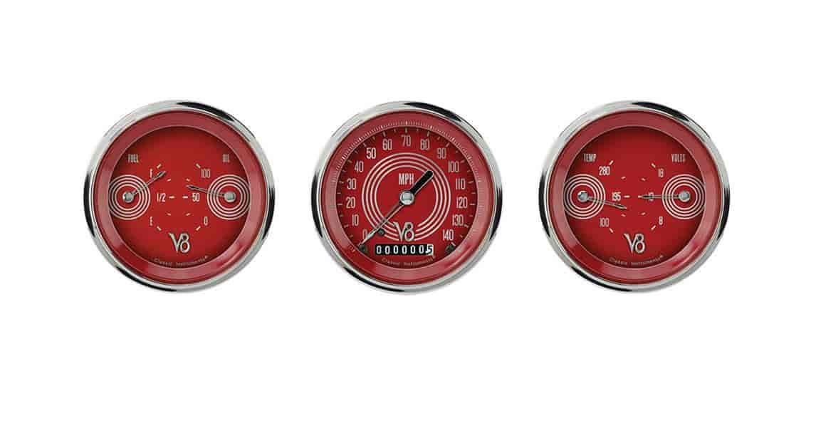 V8 Red Steelie Series 3-Gauge Set 3-3/8" Electrical Speedometer (140 mph)