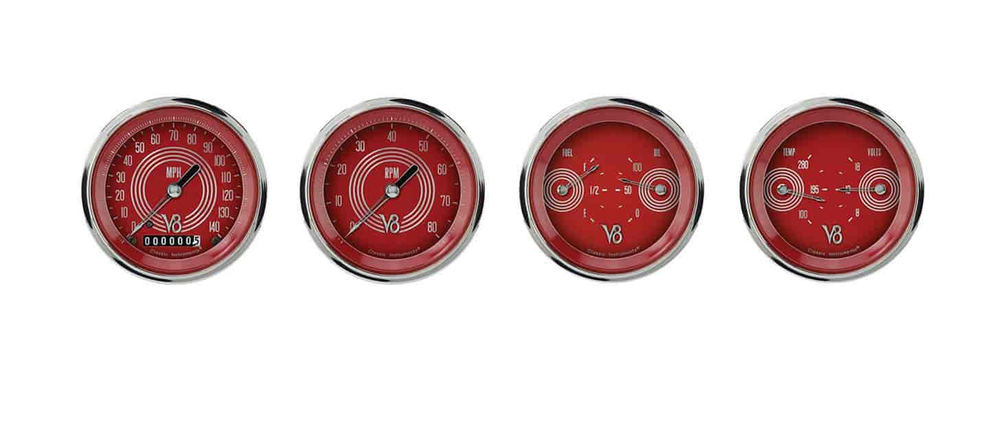 V8 Red Steelie Series 4-Gauge Set 3-3/8" Electrical Speedometer (140 mph)