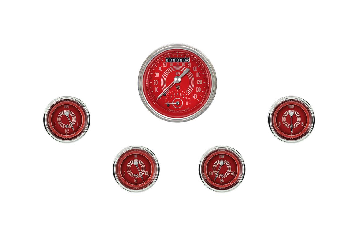 V8 Red Steelie Series 5-Gauge Set 3-3/8" Electrical Ultimate Speedometer (140 mph)