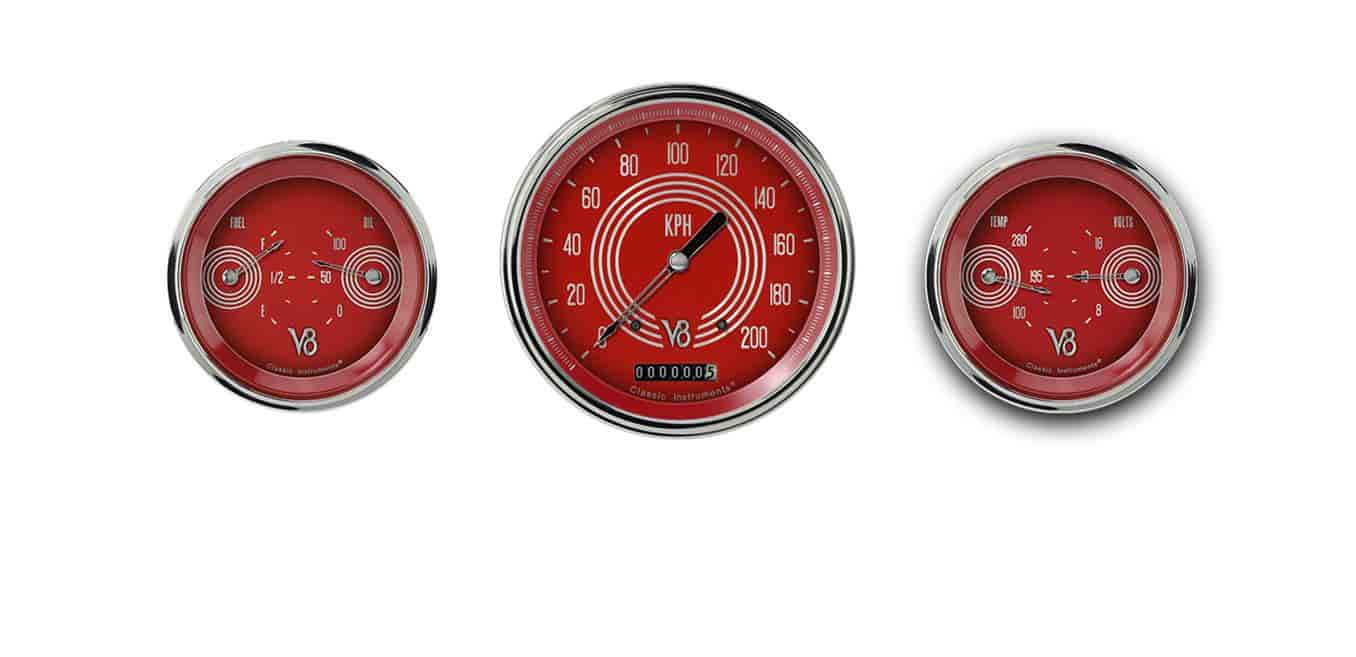 V8 Red Steelie Series 3-Gauge Set 4-5/8" Electrical Speedometer (140 mph)