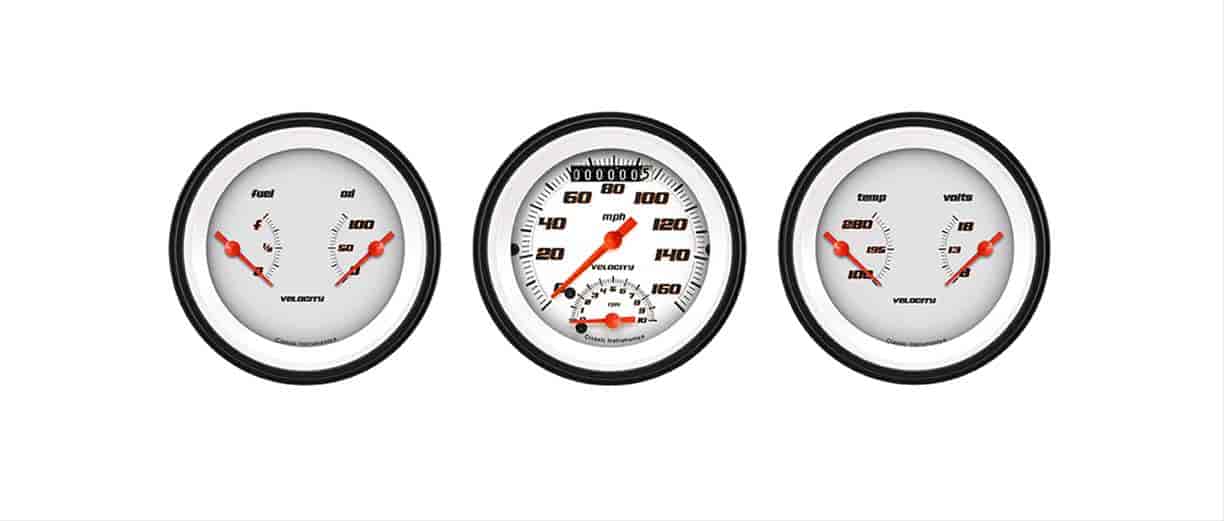 Velocity White Series 3-Gauge Set 3-3/8" Electrical Ultimate Speedometer (160 mph)