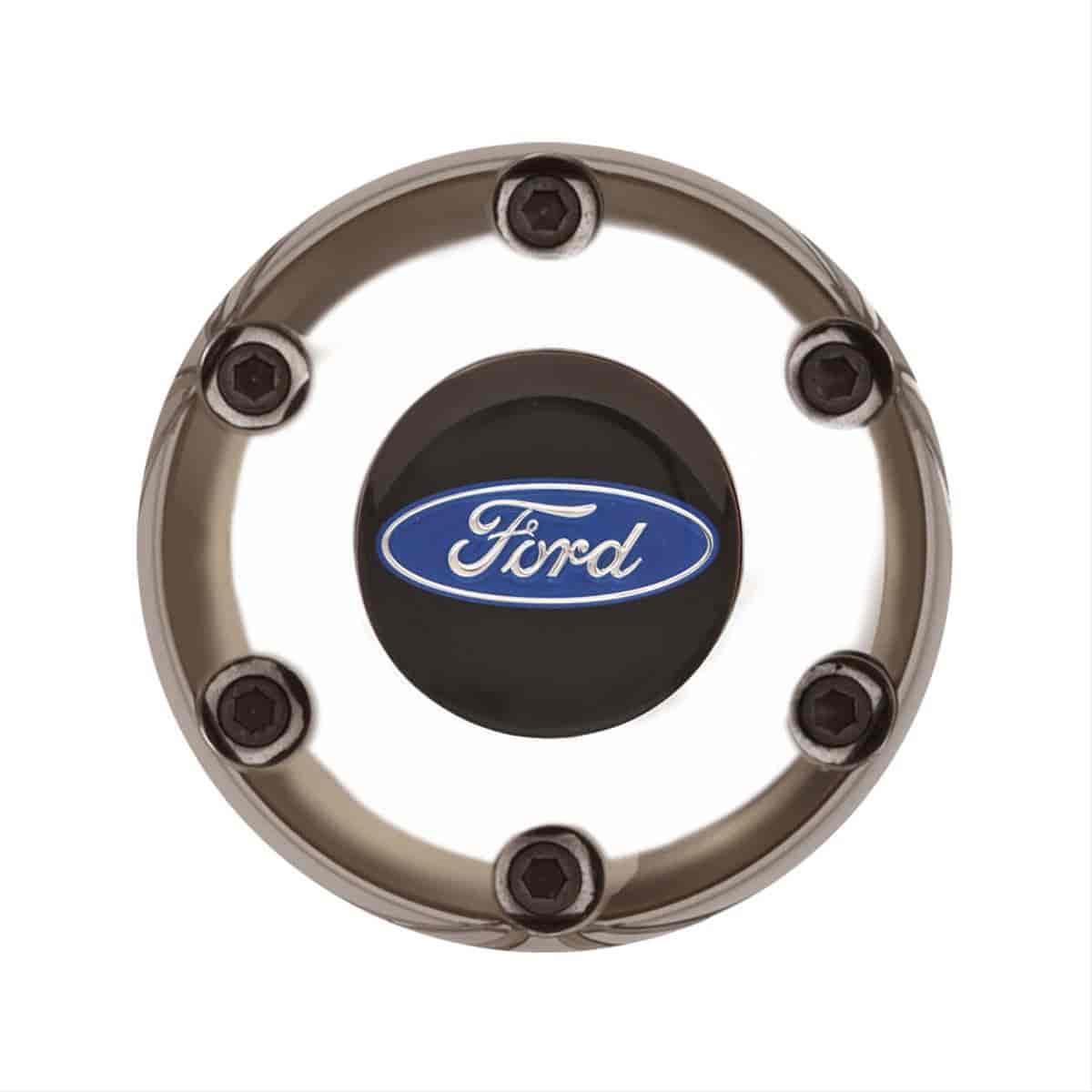 GT3 Gasser/Euro Style Horn Button Ford Oval Colored 6-Hole Style Style Polished with Black Center