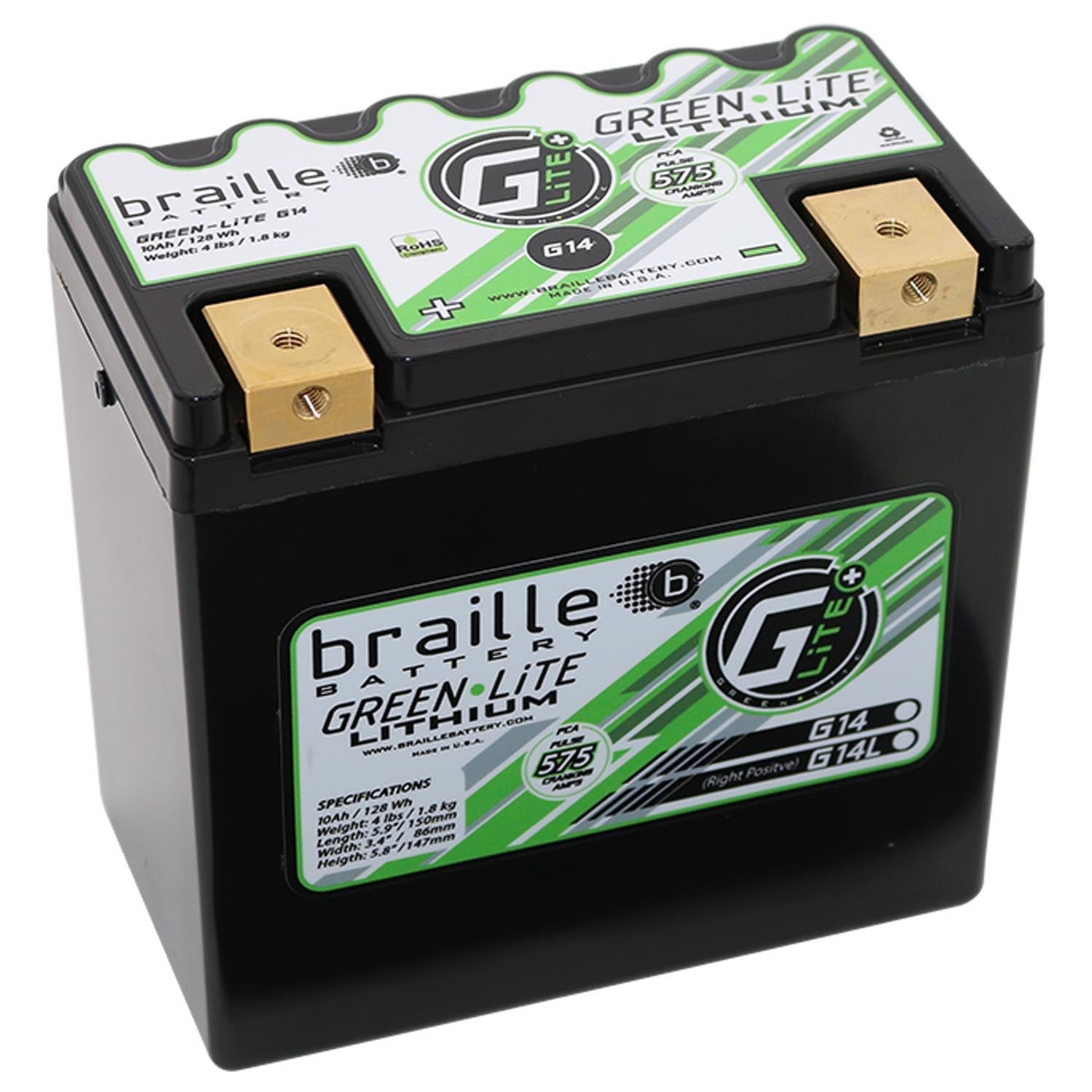 G14LS Green-Lite Lithium-Ion 12 V Powersports Battery, BCI Group: 14, Pulse Cranking Amps (PCA): 697 - Left Side Positive