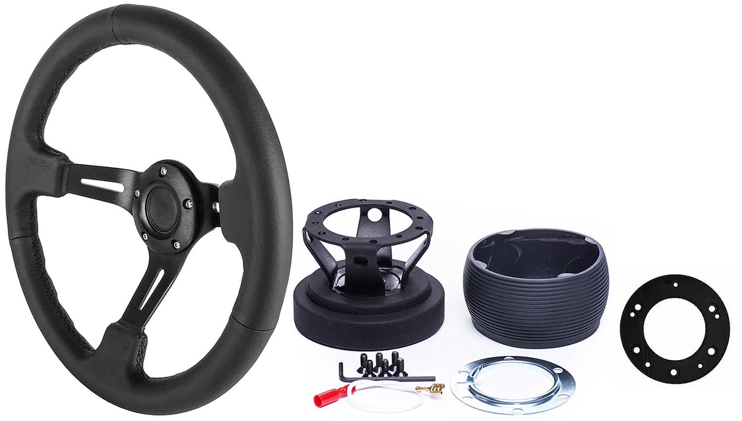 Aluminum Hub Adapter, Adapter Plate, and Black Leather Racing Steering Wheel Kit [Black Frame] - Fits Select GM and Mopar Models