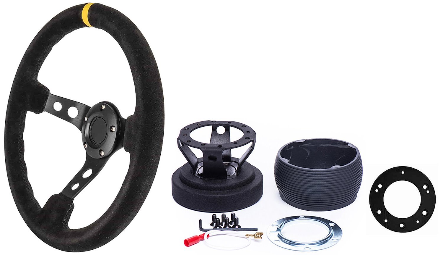 Aluminum Hub Adapter, Adapter Plate, and Black Suede Racing Steering Wheel Kit [Black Frame] - Fits Select GM and Mopar Models
