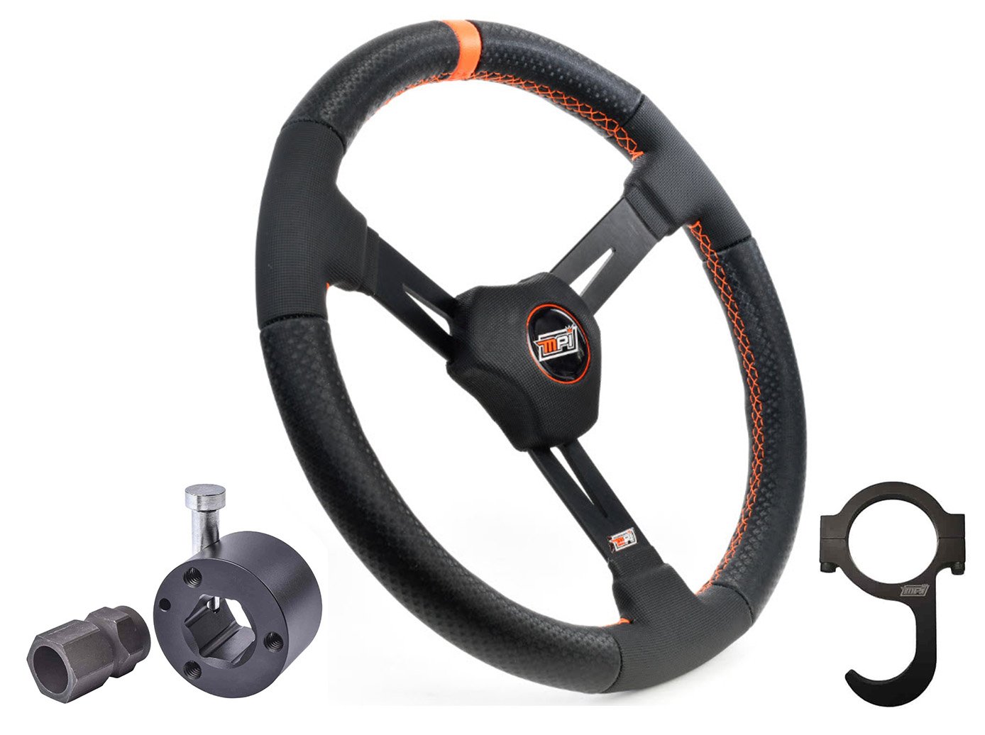 D-Model MPI-DM2-15-XL Dirt Racing 15 in. Aluminum Steering Wheel Kit w/2.25 in. Dish [Black w/Orange Marker, Stitching]