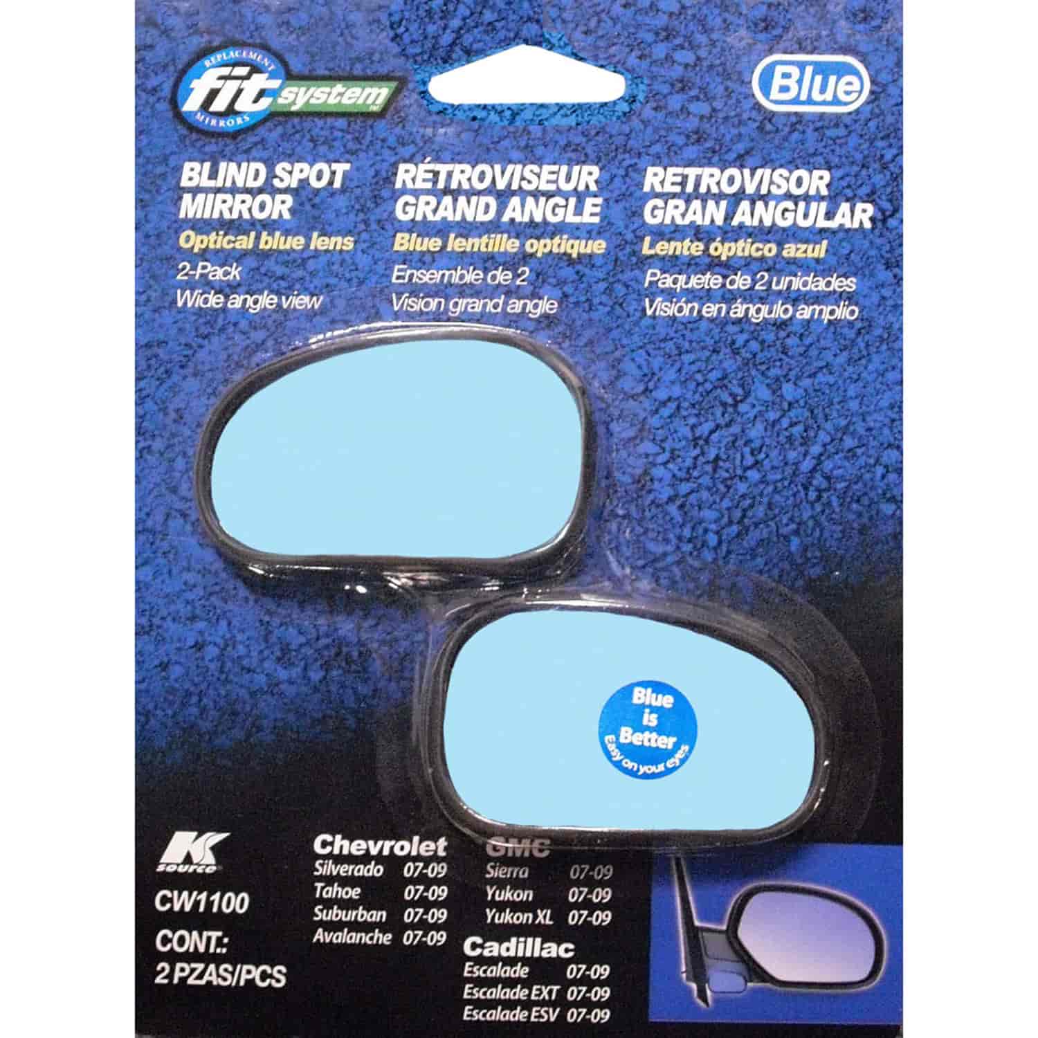 Custom Fit Spot Mirror Chevy 07 & up 2 Pack Optical Blue Lens Optical Blue Lens to Reduce Glare Cust