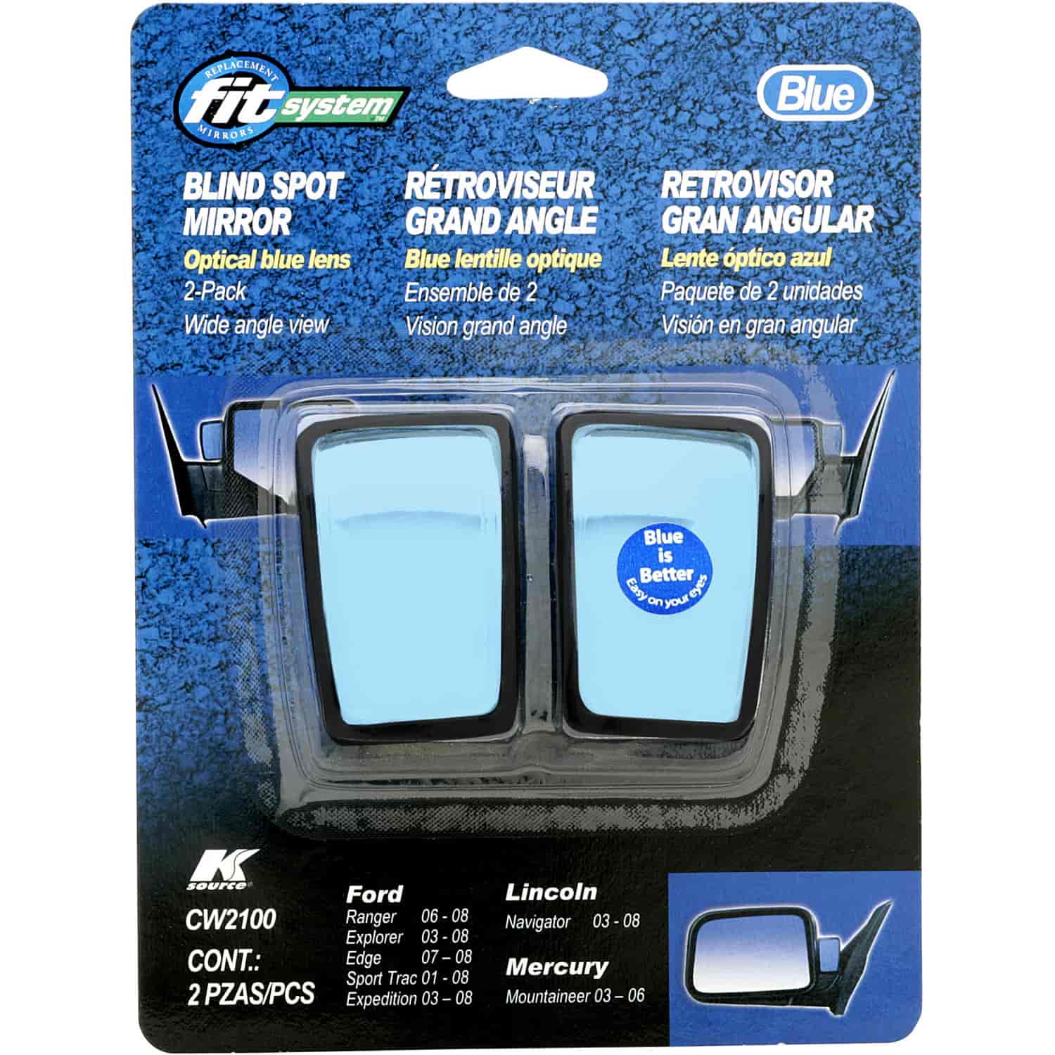 Custom Fit Spot Mirror Ford 01 - 08 2 Pack Optical Blue Lens Optical Blue Lens to Reduce Glare Custo