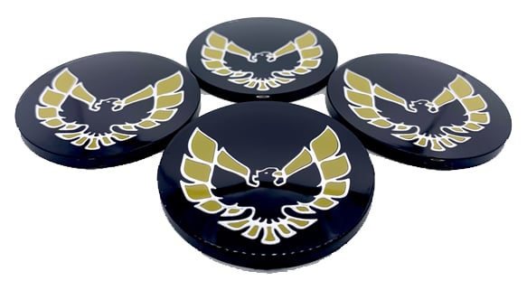 Center Cap Inserts for 1977-1981 Pontiac Firebird Snowflake and Turbo Wheels [Black with Yellow Outline Bird]