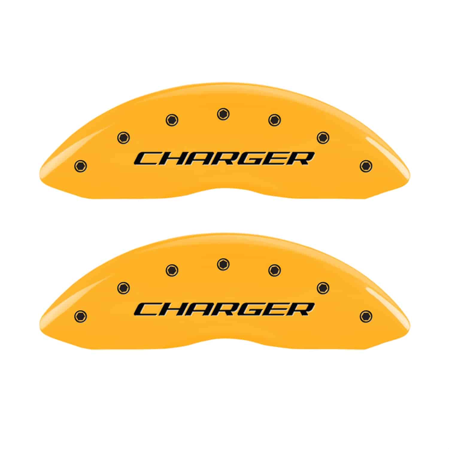 Set of 4 caliper covers Engraved Front and Rear Block/Charger Yellow powder coat finish black characters